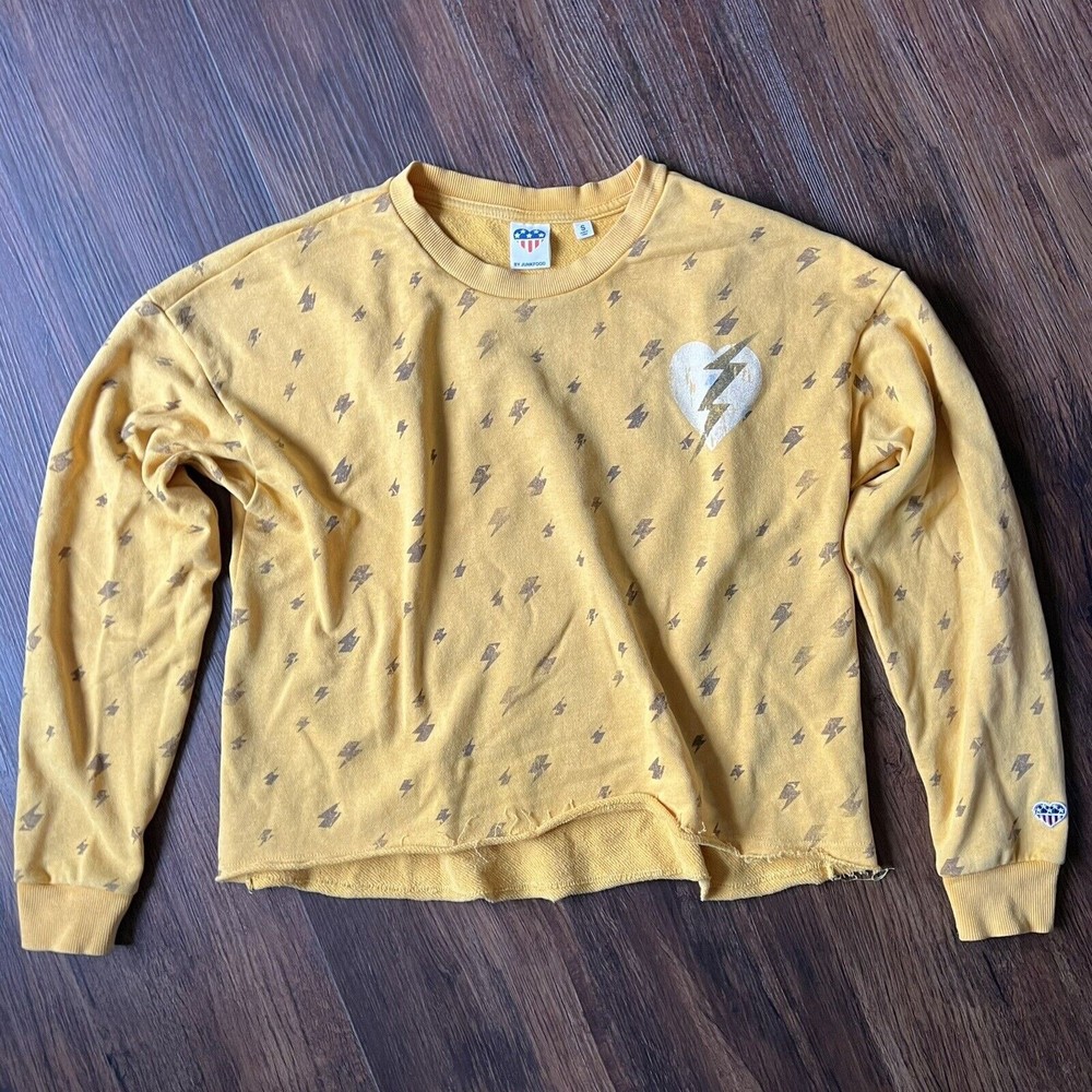 Junk Food Women's Small S Yellow Cropped Sweatshirt Lightning Bolt Print Raw Hem